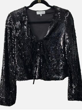 NEW WAYF Black SEQUIN Open Tie Front COCKTAIL Long Sleeve Blouse JACKET S